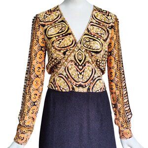 FREE PEOPLE Wild & Free Boho Tribal Block Print Smock Back Waist Rayon Shirt XS